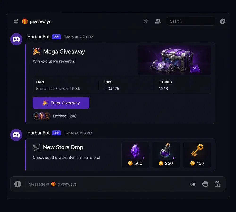 A Discord channel where the Harbor bot runs a giveaway — prize, deadline and entry count — above a store drop.